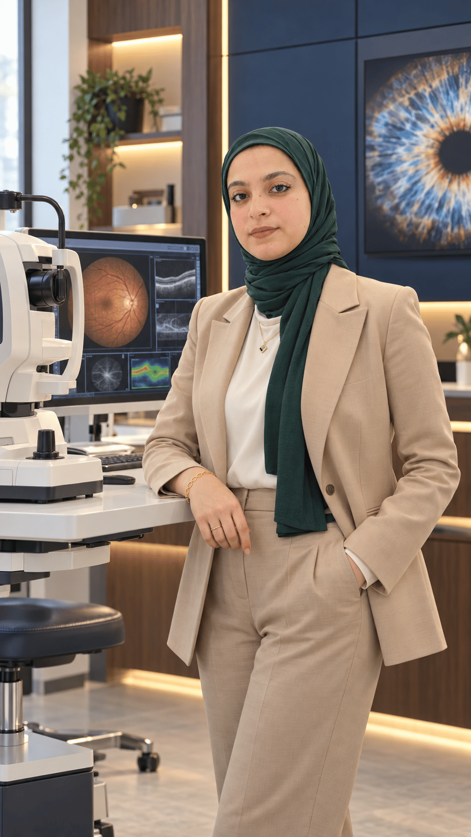 Dr. Reem Ashraf in clinic, with a fundus photograph and an OCT retinal cross-section on the screen behind her