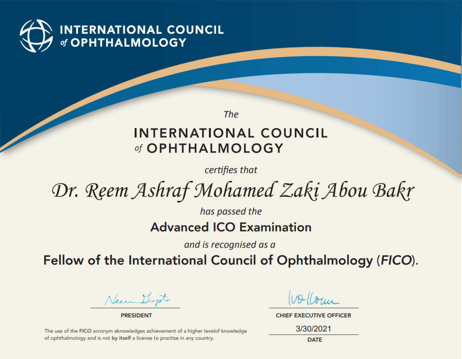 Certificate of the International Council of Ophthalmology recognising Dr. Reem Ashraf as a Fellow (FICO), dated 30 March 2021